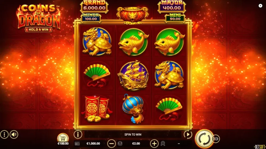 Tampilan visual slot Coins of Dragon dengan latar belakang naga emas dan koin keberuntungan