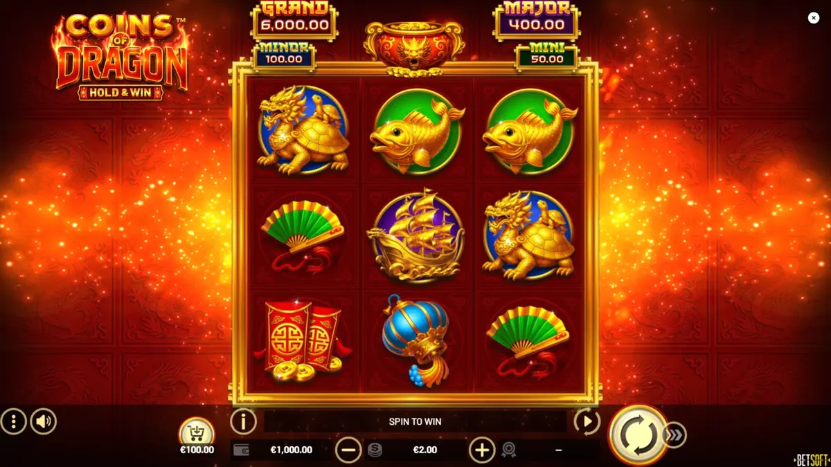 Tampilan visual slot Coins of Dragon dengan latar belakang naga emas dan koin keberuntungan