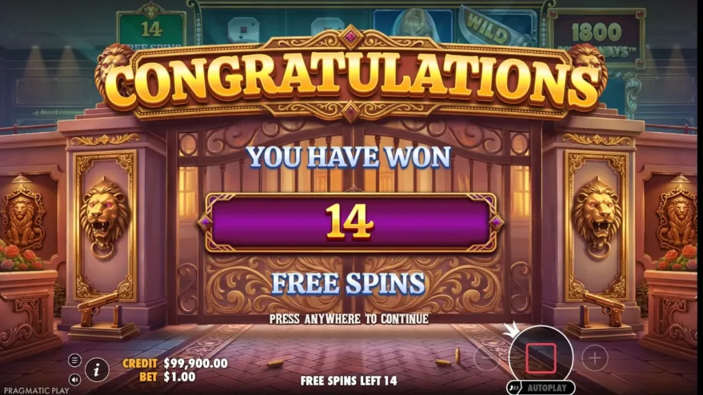 Tampilan antarmuka seluler slot Mini Mafia Megaways dengan latar belakang mansion mafia